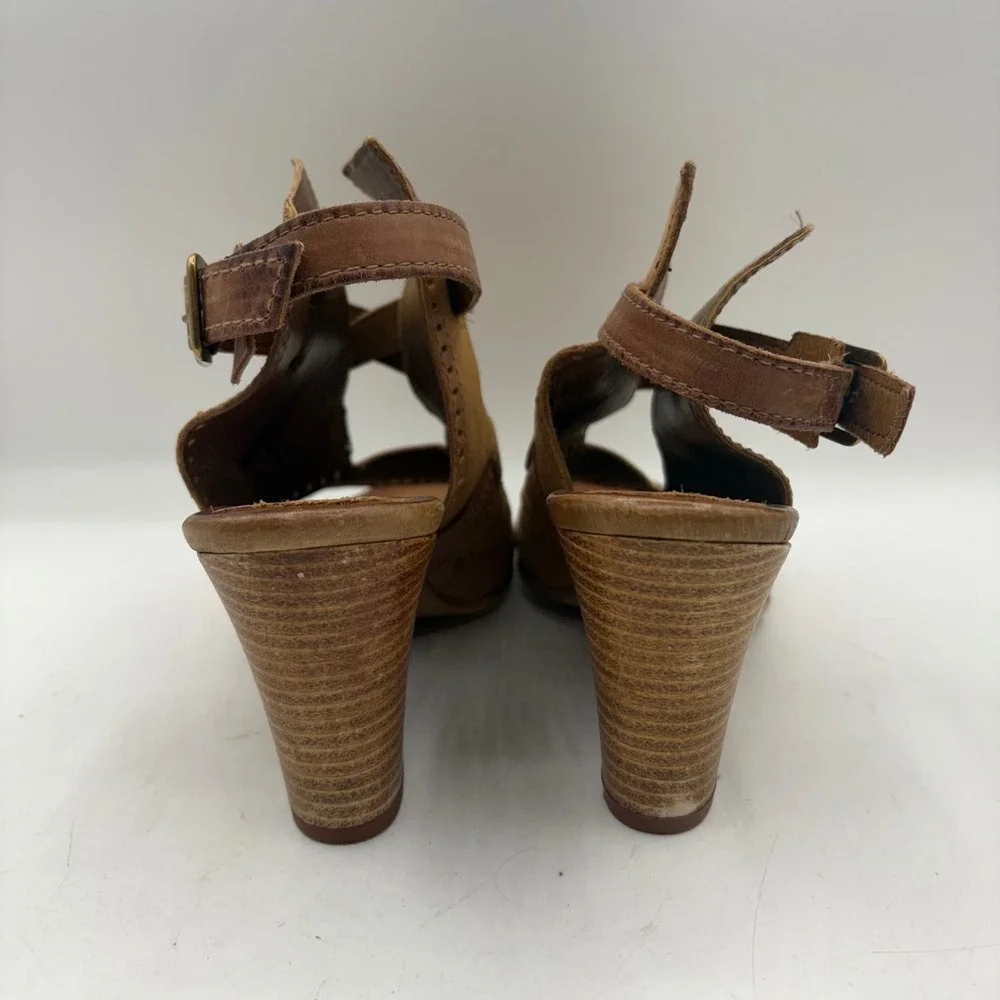 Miz Mooz Tan Leather Wedge Sandals Perforated Caged Strappy‎ Open Toe Shoes 40